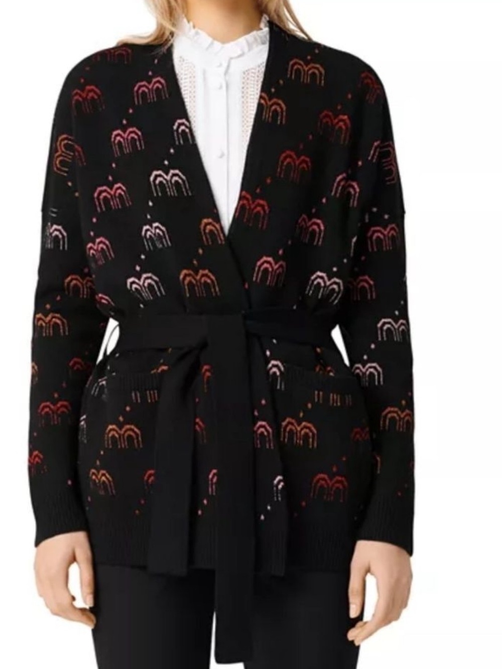 Black Open-Front MAJE a Cardigan Sweater with Pink & Orange Pattern